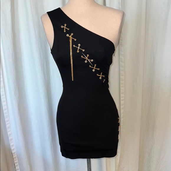 H:ours Delacy black mini dress xs with chain lace up - Picture 2 of 12